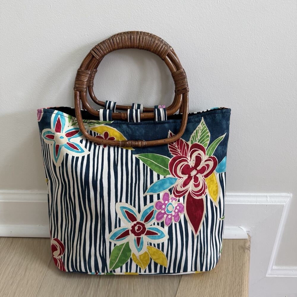 VTG Jams World Tropical Floral Boho Canvas Handbag Bamboo Handles Hawaiian